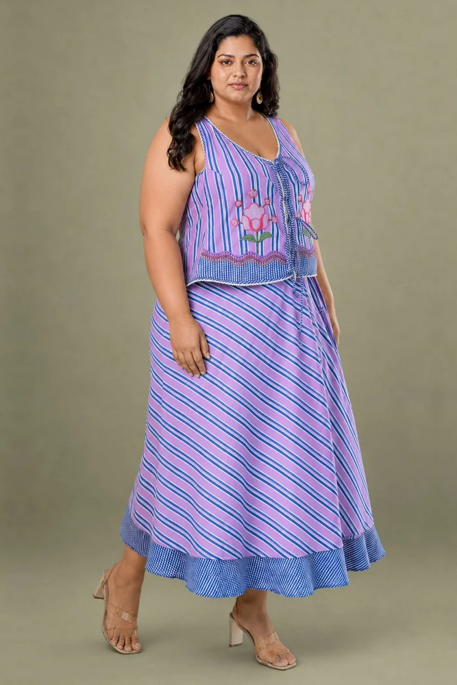 Viola Set : Cotton Skirt Set for Women in Lilac & Blue| Striped 2-Piece Summer Outfit 3