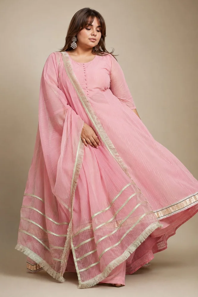 Lotus Pink Ethnic Anarkali Set with Organza Dupatta & Gota-work 2