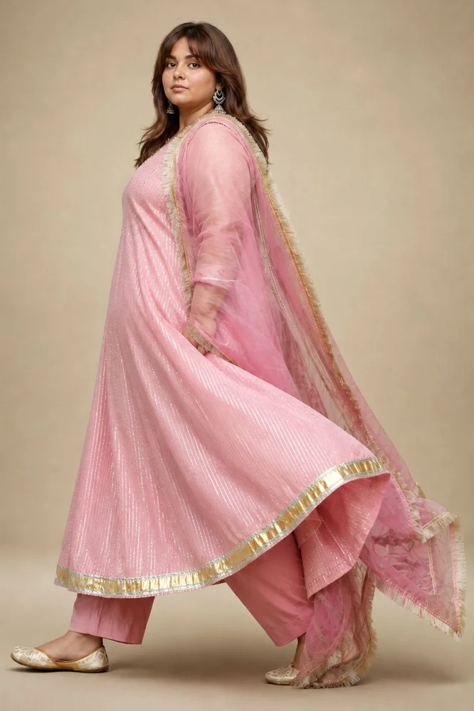 Lotus Pink Ethnic Anarkali Set with Organza Dupatta & Gota-work 3