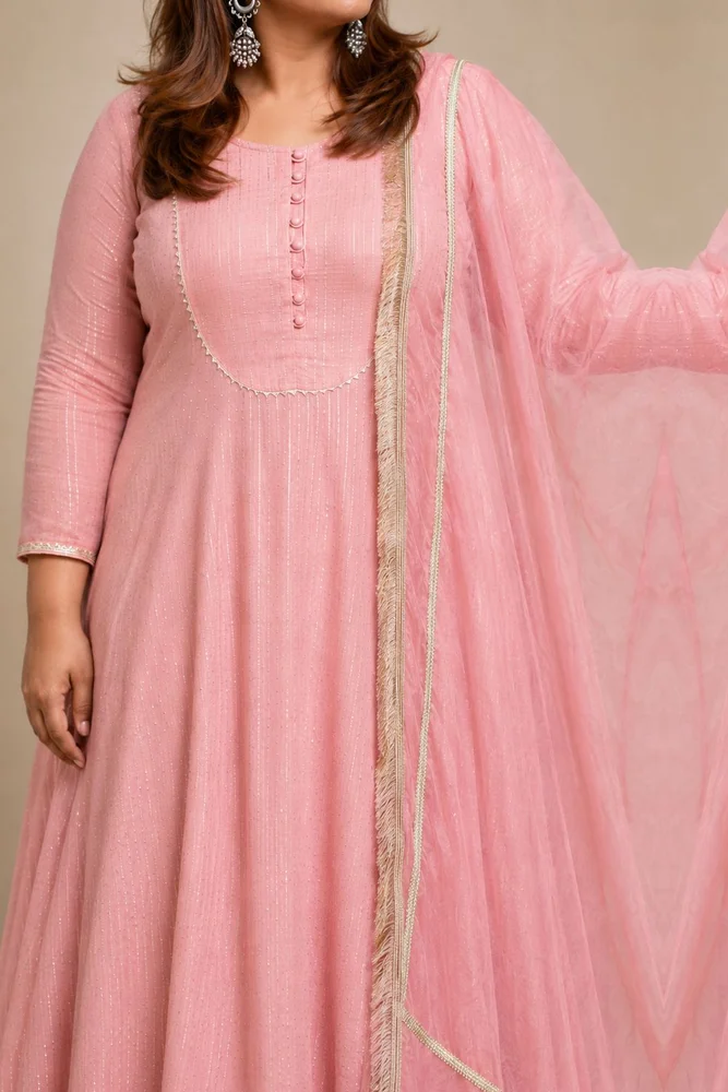 Lotus Pink Ethnic Anarkali Set with Organza Dupatta & Gota-work 4