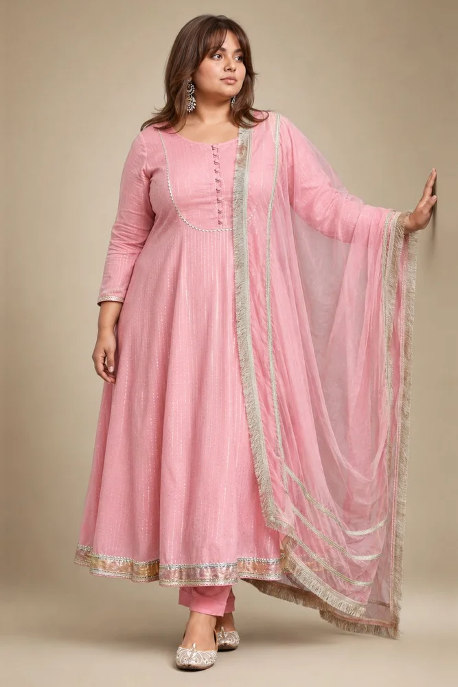 Lotus Pink Ethnic Anarkali Set with Organza Dupatta & Gota-work