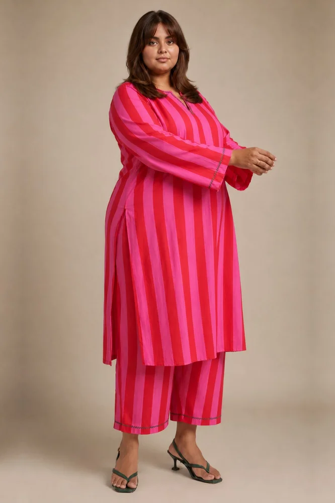 Pink & Red Stripes Short Phiran Kurta Paired With Matching Pants 3