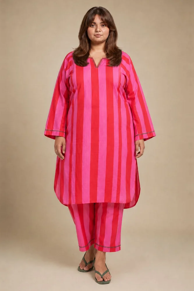 Pink & Red Stripes Short Phiran Kurta Paired With Matching Pants