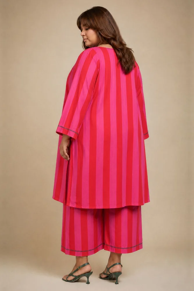 Pink & Red Stripes Short Phiran Kurta Paired With Matching Pants 5