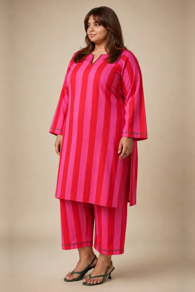 Pink & Red Stripes Short Phiran Kurta Paired With Matching Pants 2