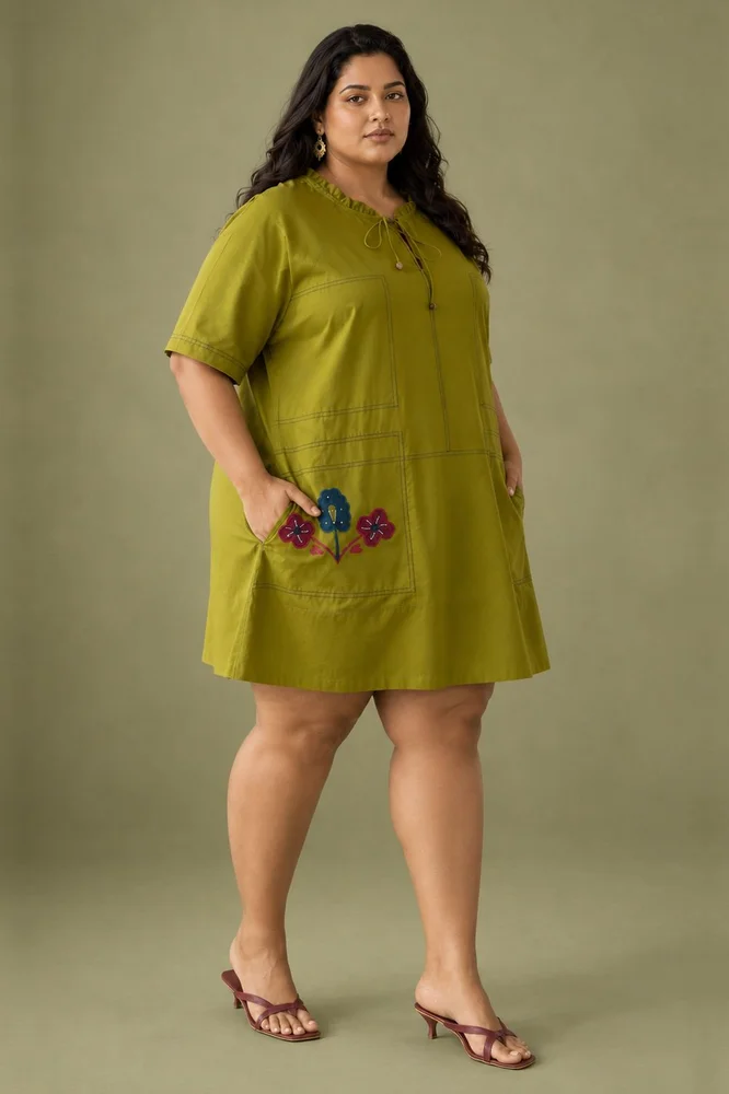 Olley : Dark Olive  Cotton Knee-Length Dress with Embroidered Pockets 4