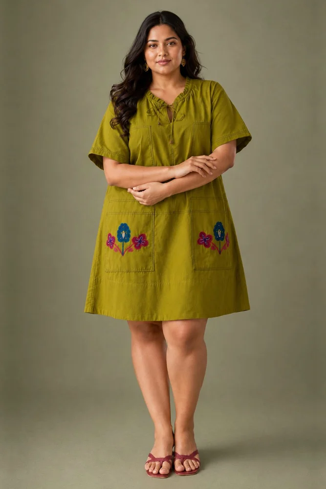 Olley : Dark Olive  Cotton Knee-Length Dress with Embroidered Pockets