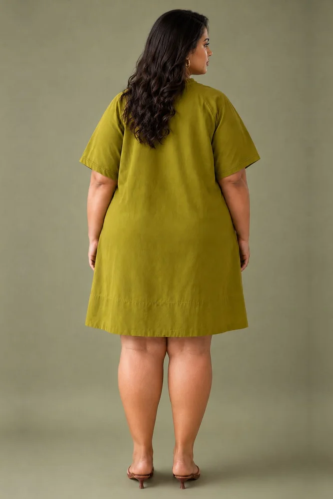 Olley : Dark Olive  Cotton Knee-Length Dress with Embroidered Pockets 2