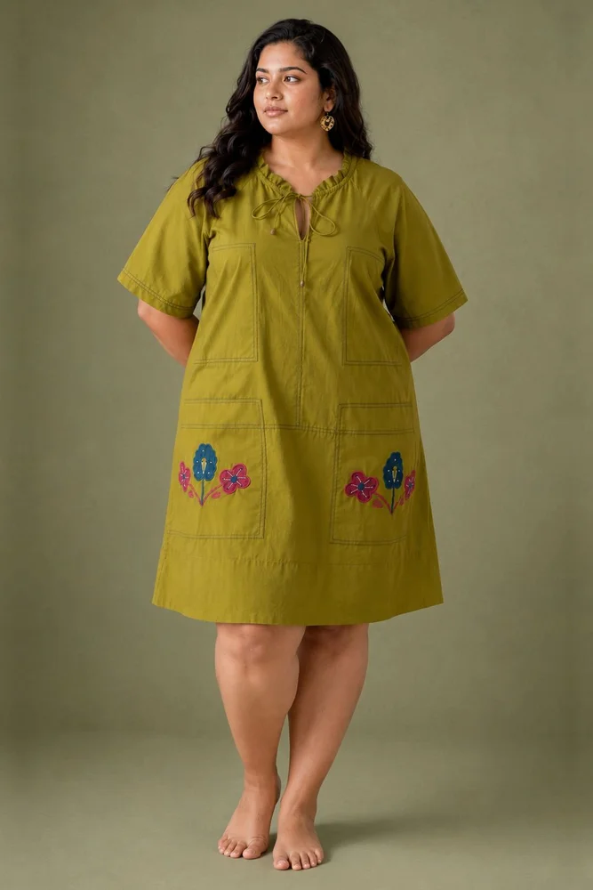 Olley : Dark Olive  Cotton Knee-Length Dress with Embroidered Pockets 5