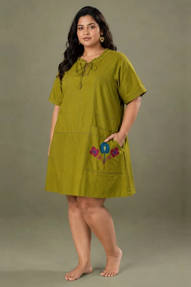 Olley : Dark Olive  Cotton Knee-Length Dress with Embroidered Pockets 3