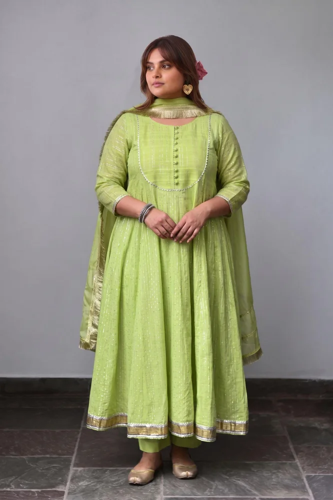 Lime Green Ethnic Anarkali Set with Organza Dupatta & Gota-work