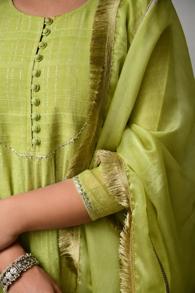 Lime Green Ethnic Anarkali Set with Organza Dupatta & Gota-work 4