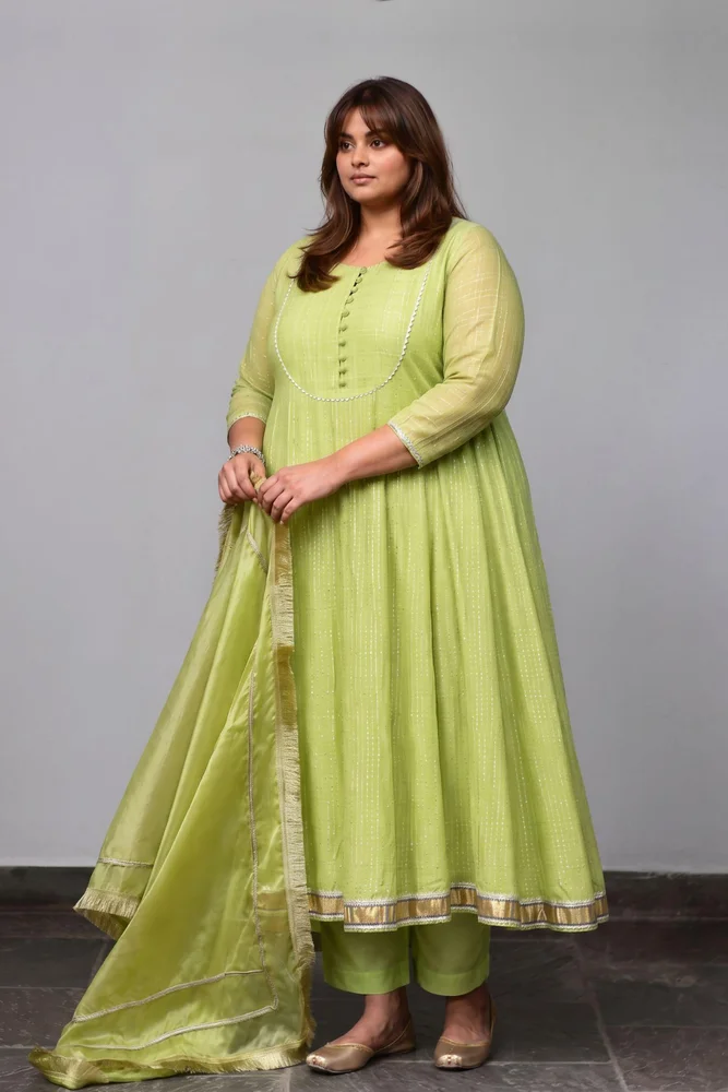 Lime Green Ethnic Anarkali Set with Organza Dupatta & Gota-work 2