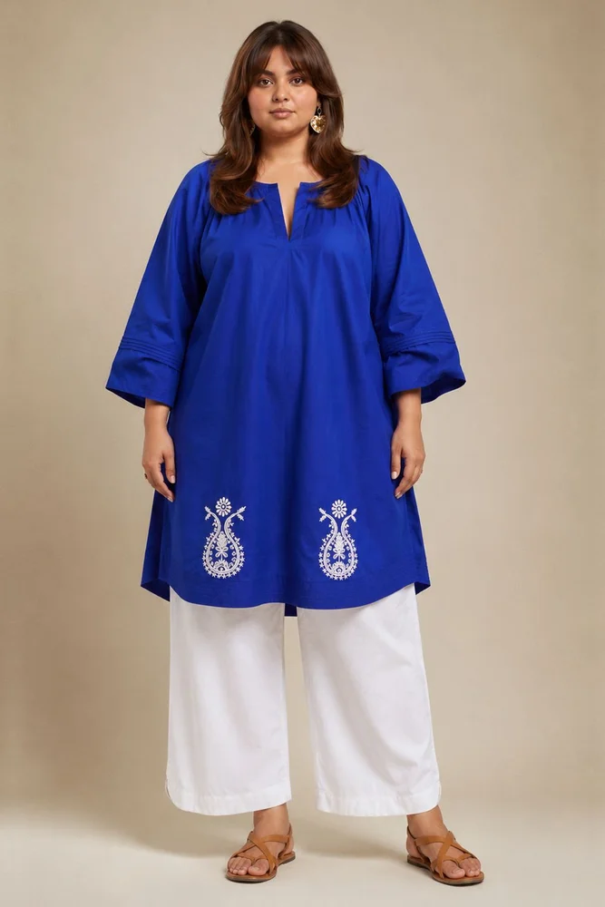 Royal Blue Gathered Short Kurta Paired With Curved Hem White Pants