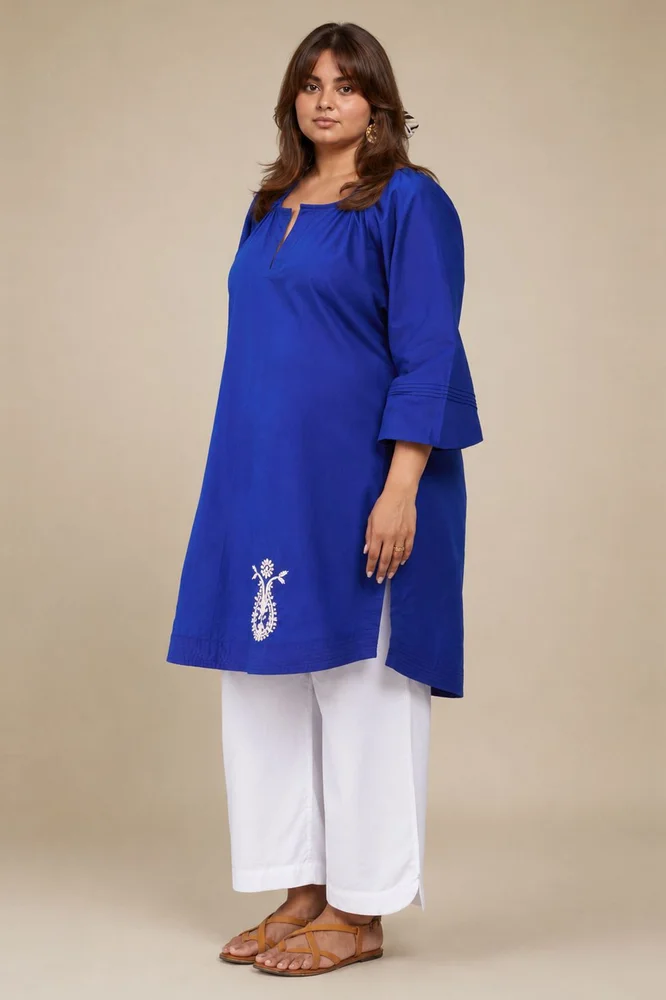 Royal Blue Gathered Short Kurta Paired With Curved  Hem White Pants 3