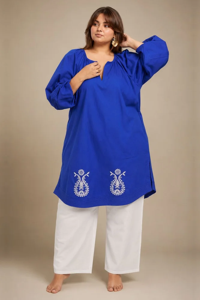 Royal Blue Gathered Short Kurta Paired With Curved  Hem White Pants 2
