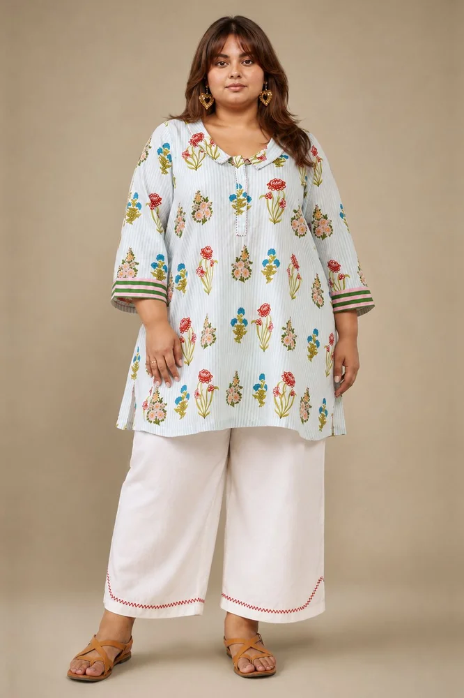 Aqua Floral Collared Short Kurta Paired With Curved Hem White Pants