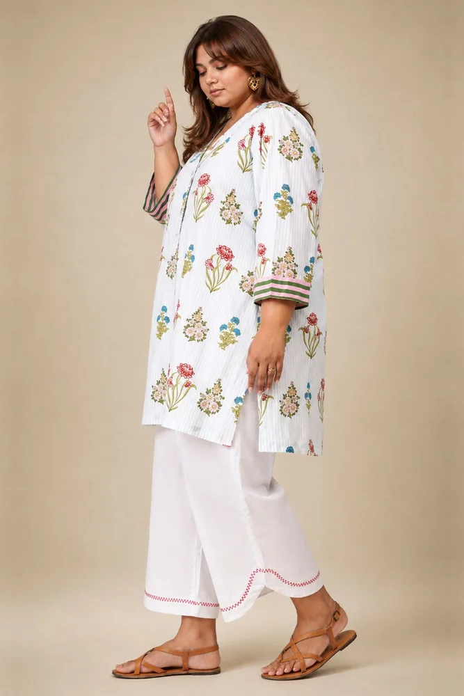Aqua Floral Collared Short Kurta Paired With Curved  Hem White Pants 4