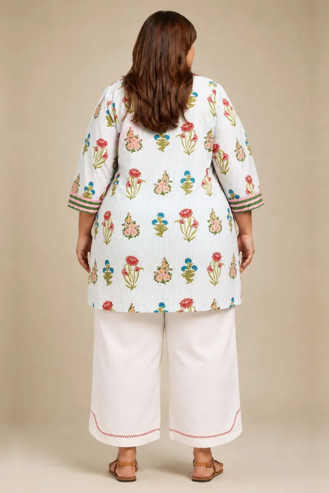 Aqua Floral Collared Short Kurta Paired With Curved  Hem White Pants 5