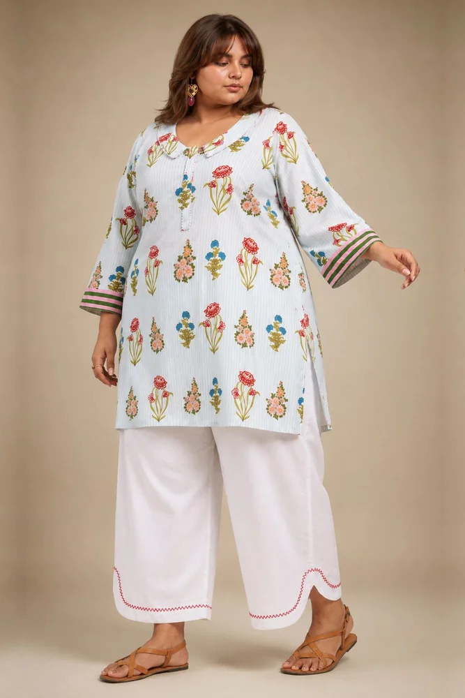 Aqua Floral Collared Short Kurta Paired With Curved  Hem White Pants 3