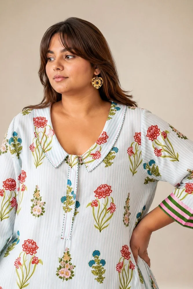 Aqua Floral Collared Short Kurta Paired With Curved  Hem White Pants 2