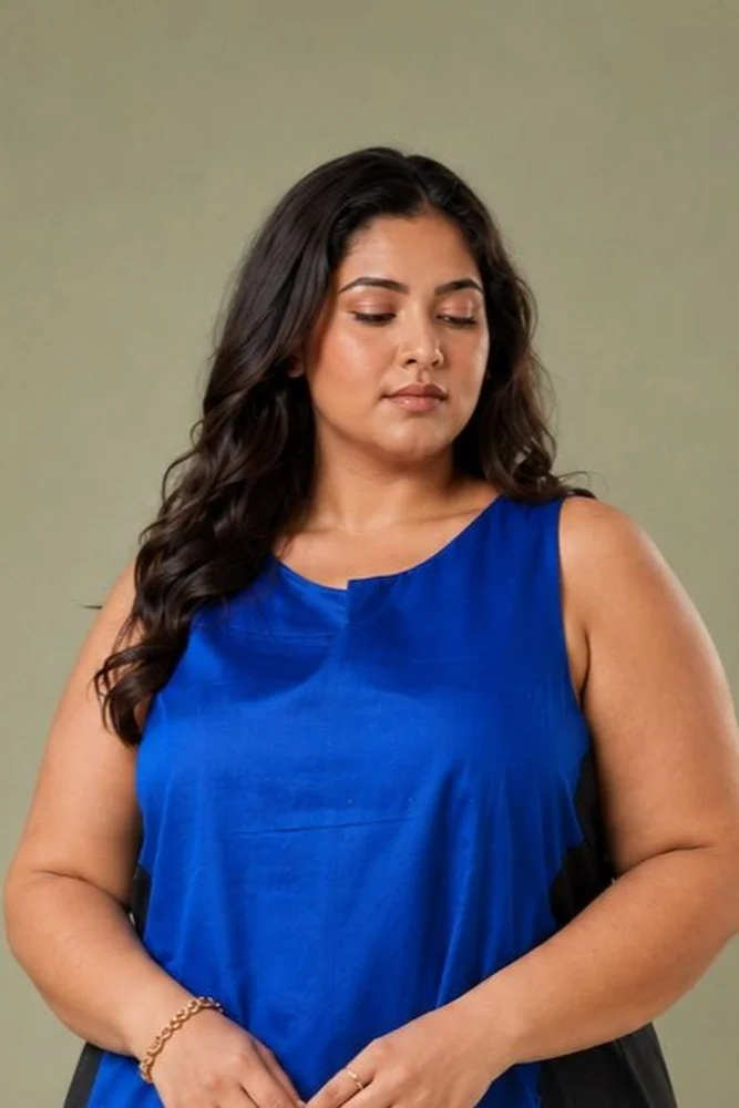 Blue & Black Cotton Satin Sleeveless Short Party Dress 3