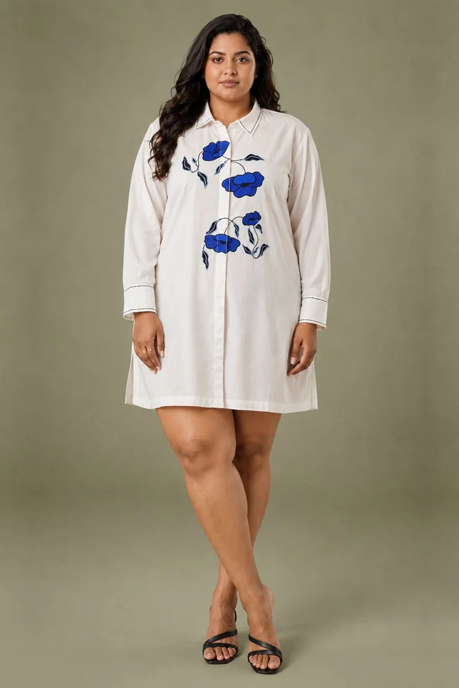 Short White Shirt Dress With Floral Embroidery Detail