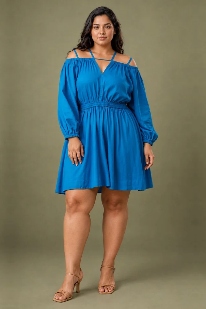 Cobalt Blue Short Cold Shoulder Dress with Balloon Sleeves