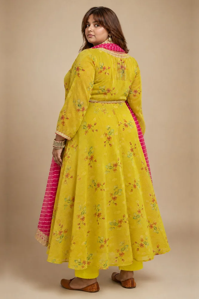 Lemon Green Tissue Chanderi Printed Kurta Set with Leheriya Dupatta 6