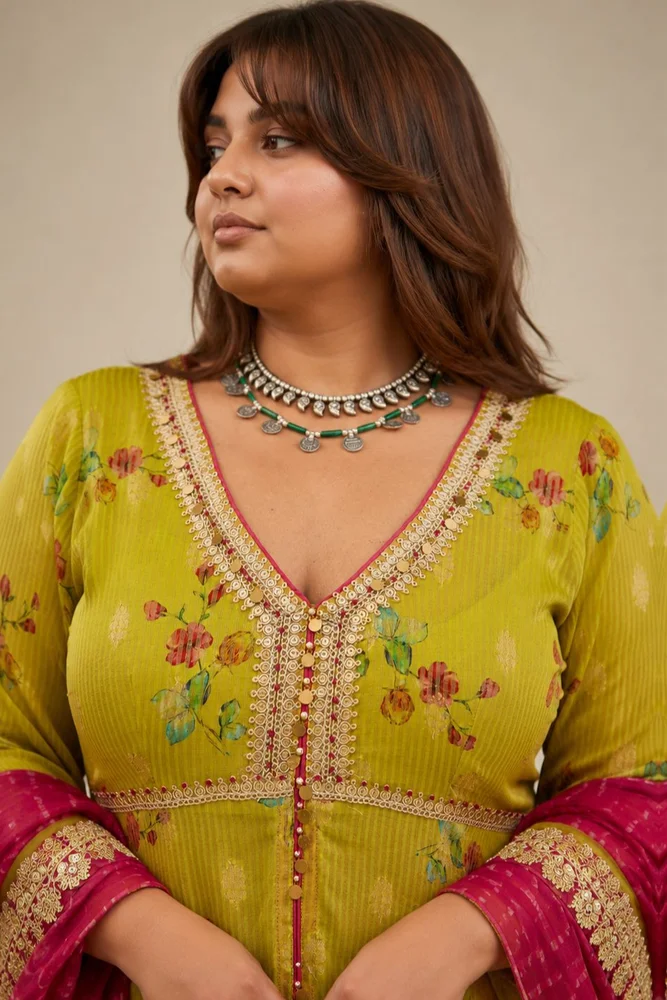 Lemon Green Tissue Chanderi Printed Kurta Set with Leheriya Dupatta 5