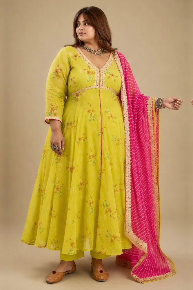 Lemon Green Tissue Chanderi Printed Kurta Set with Leheriya Dupatta 3