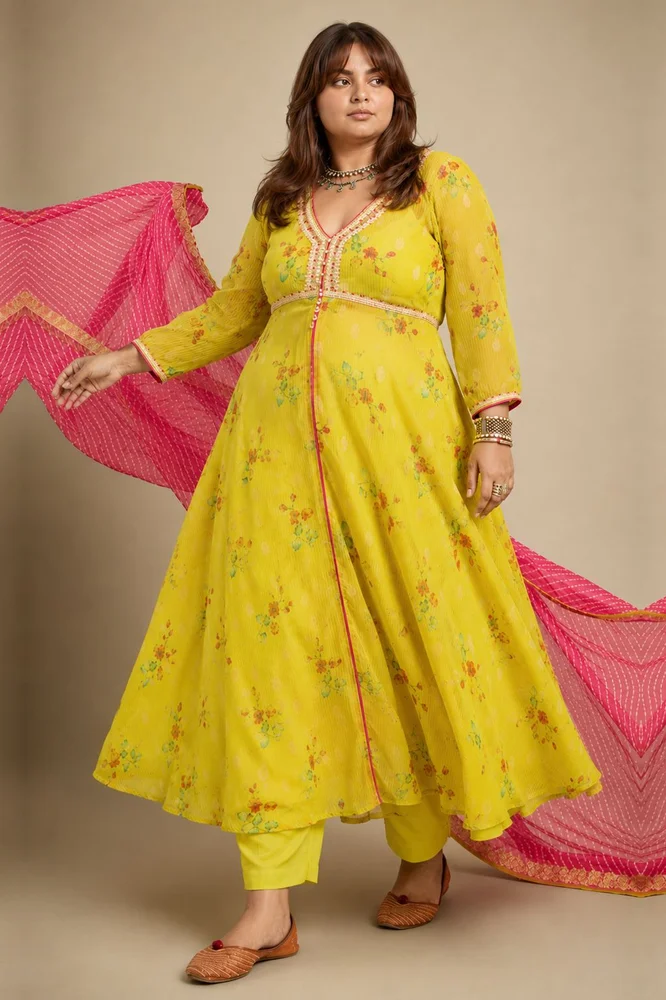 Lemon Green Tissue Chanderi Printed Kurta Set with Leheriya Dupatta 2