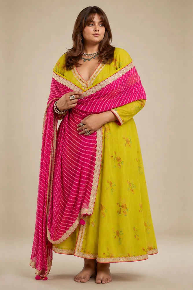 Lemon Green Tissue Chanderi Printed Kurta Set with Leheriya Dupatta 4