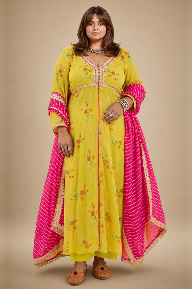 Lemon Green Tissue Chanderi Printed Kurta Set with Leheriya Dupatta