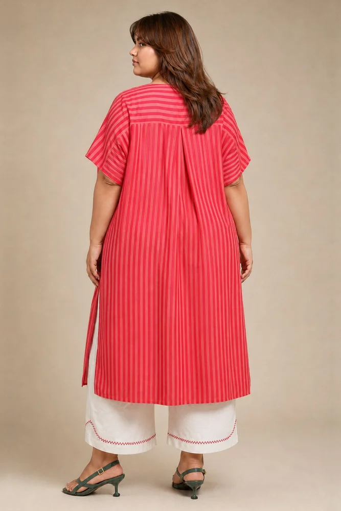 Peach & Pink  Striped Kaftan With Embroidery Paired With White Pants 5