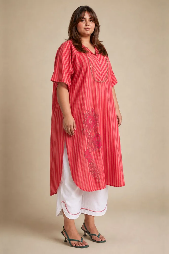 Peach & Pink  Striped Kaftan With Embroidery Paired With White Pants 3