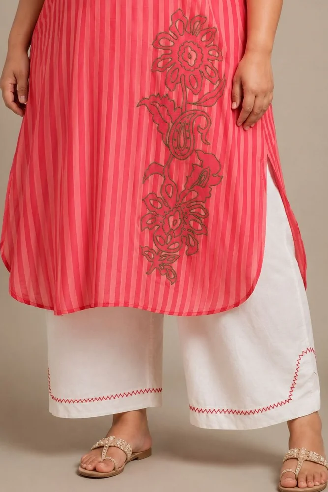 Peach & Pink  Striped Kaftan With Embroidery Paired With White Pants 4