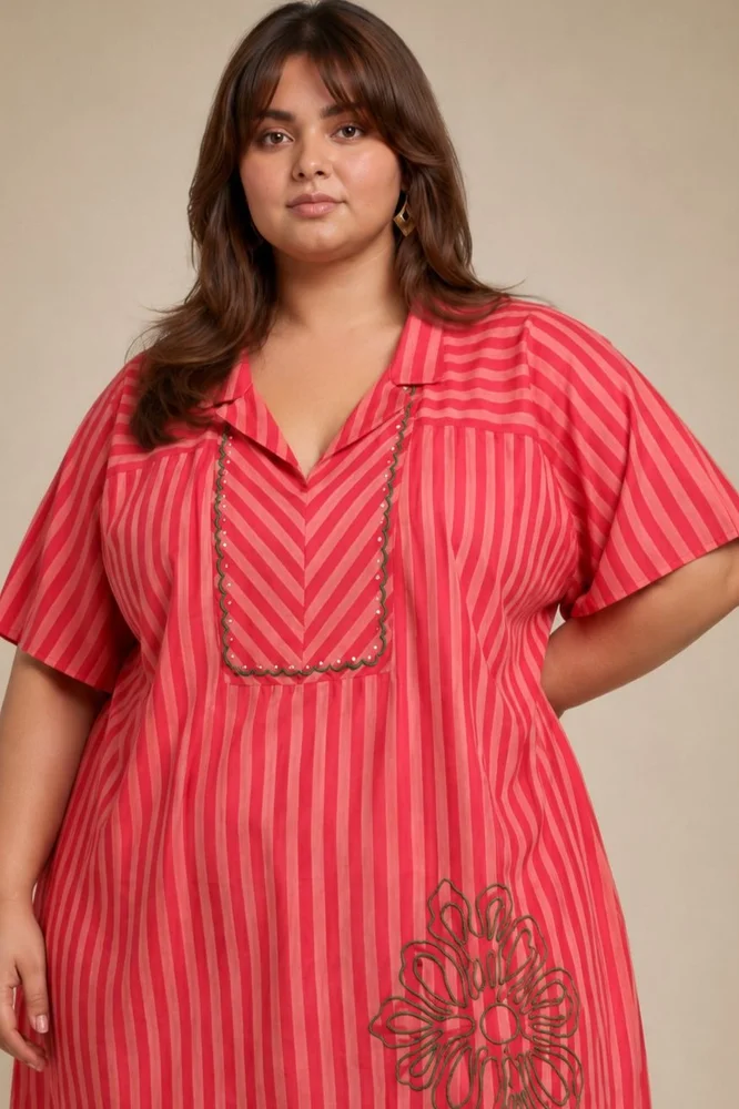 Peach & Pink  Striped Kaftan With Embroidery Paired With White Pants 2