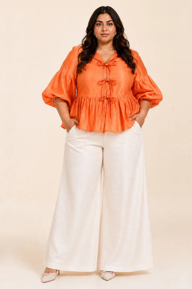 Sunset Orange Toni - Multi Knot Peplum Top with Slip