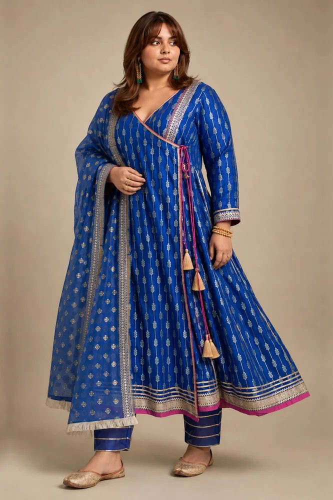 Royal Blue Zari Ethnic Angrakha Set with Embroidered Dupatta 6