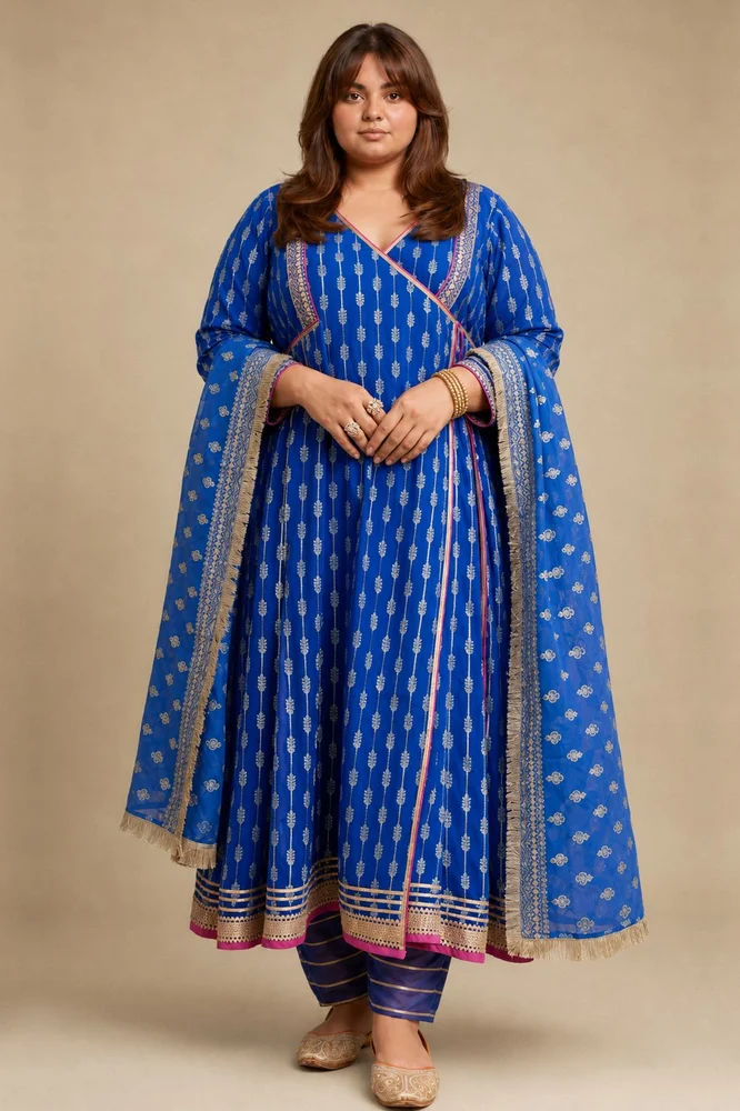 Royal Blue Zari Ethnic Angrakha Set with Embroidered Dupatta
