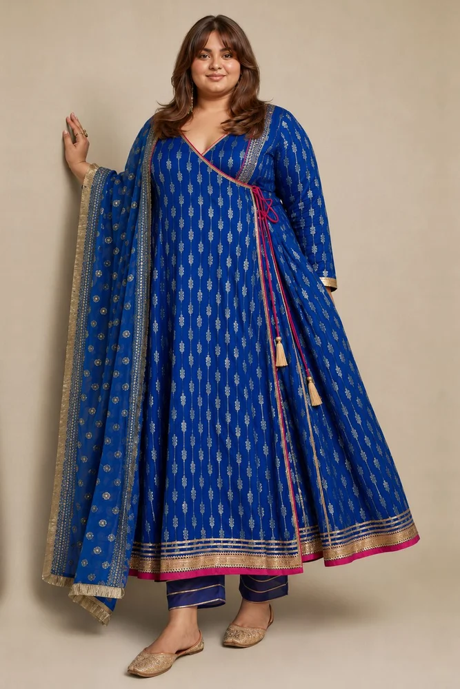 Royal Blue Zari Ethnic Angrakha Set with Embroidered Dupatta 3