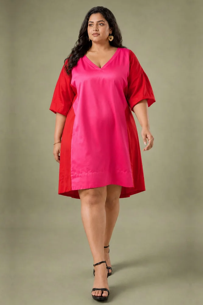 Red & Pink Cotton Satin V-Neck Short Party Dress