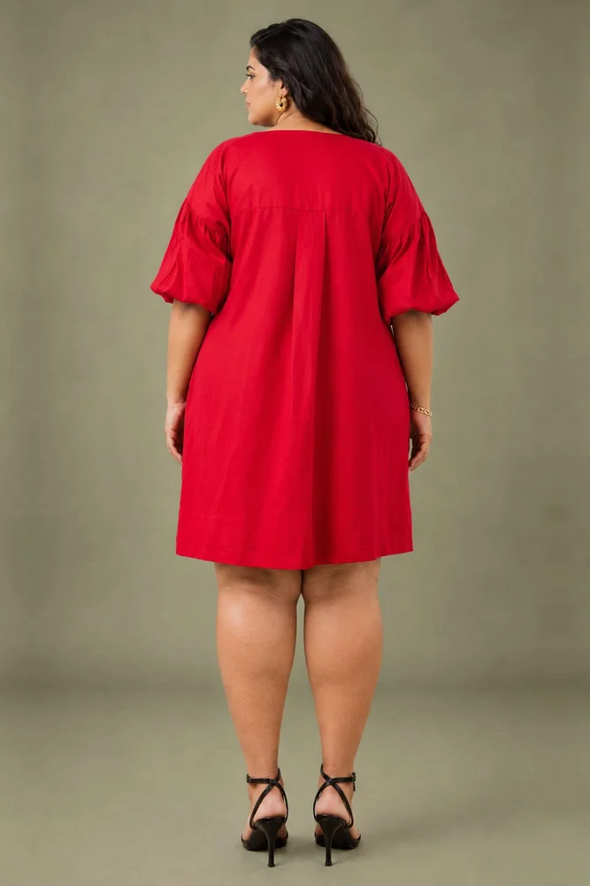 Red & Pink Cotton Satin V-Neck Short Party Dress 5