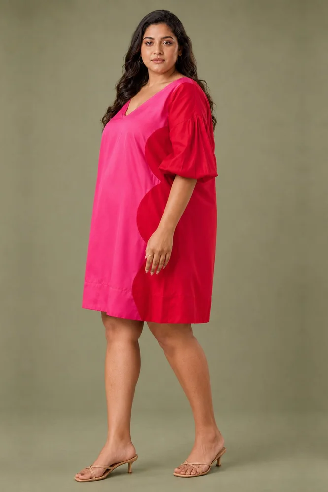 Red & Pink Cotton Satin V-Neck Short Party Dress 3