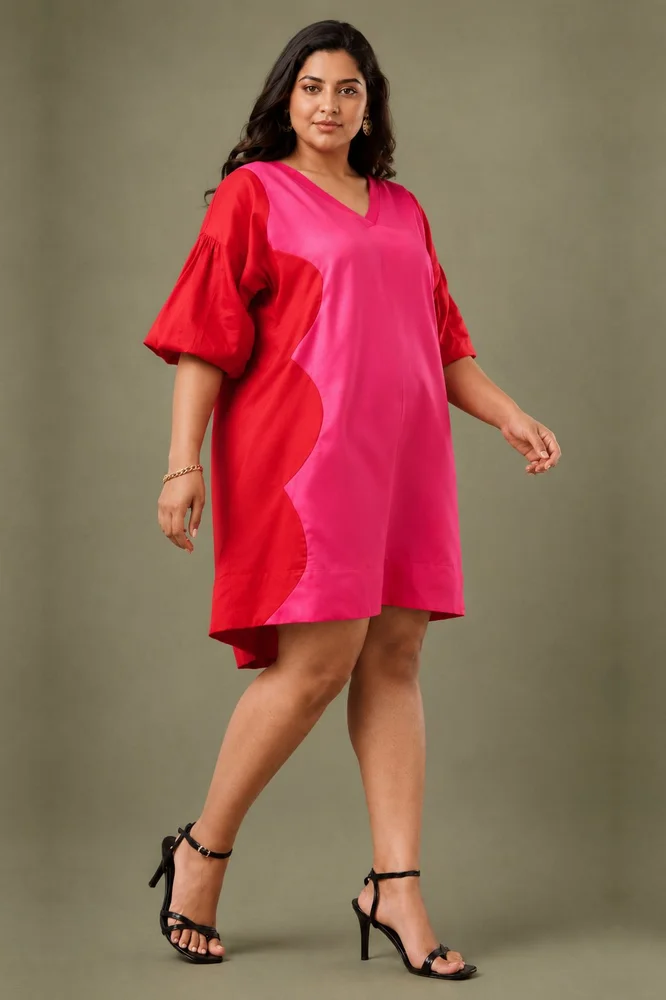 Red & Pink Cotton Satin V-Neck Short Party Dress 2