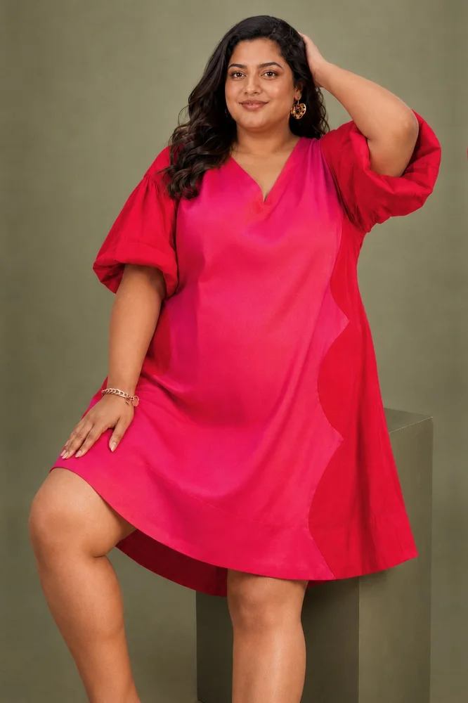 Red & Pink Cotton Satin V-Neck Short Party Dress 4