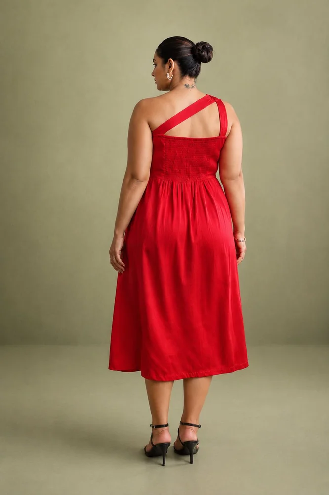 Red Cotton Satin One Shoulder Party Dress 2