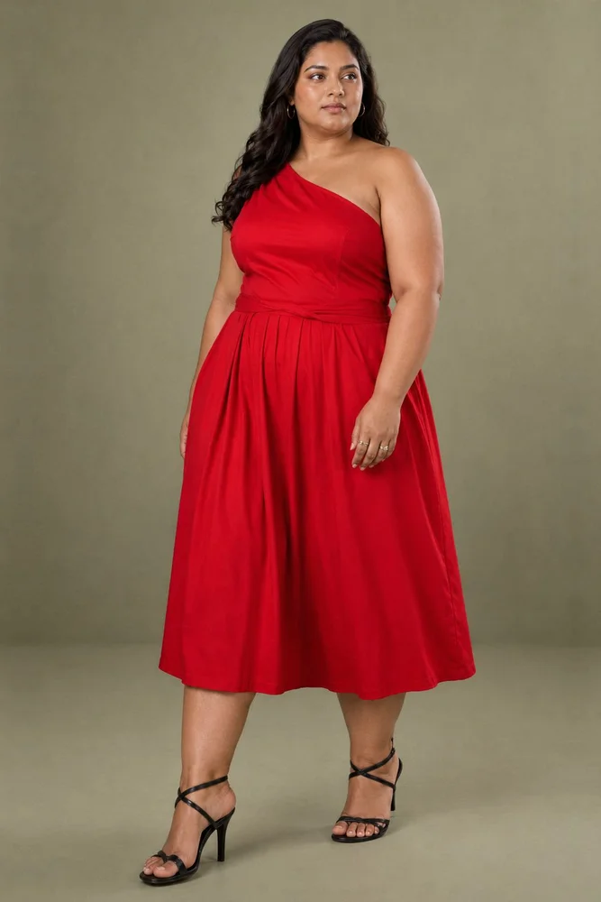 Red Cotton Satin One Shoulder Party Dress 5
