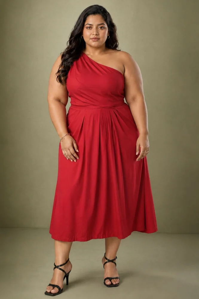Red Cotton Satin One Shoulder Party Dress 3